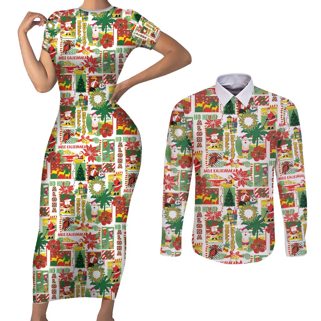 Hawaiian Santa Christmas Pattern Couples Matching Short Sleeve Bodycon Dress and Long Sleeve Button Shirt White Version - Polynesian Pride