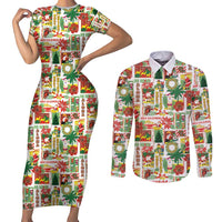 Hawaiian Santa Christmas Pattern Couples Matching Short Sleeve Bodycon Dress and Long Sleeve Button Shirt White Version - Polynesian Pride