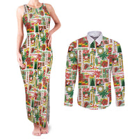 Hawaiian Santa Christmas Pattern Couples Matching Tank Maxi Dress and Long Sleeve Button Shirt White Version - Polynesian Pride