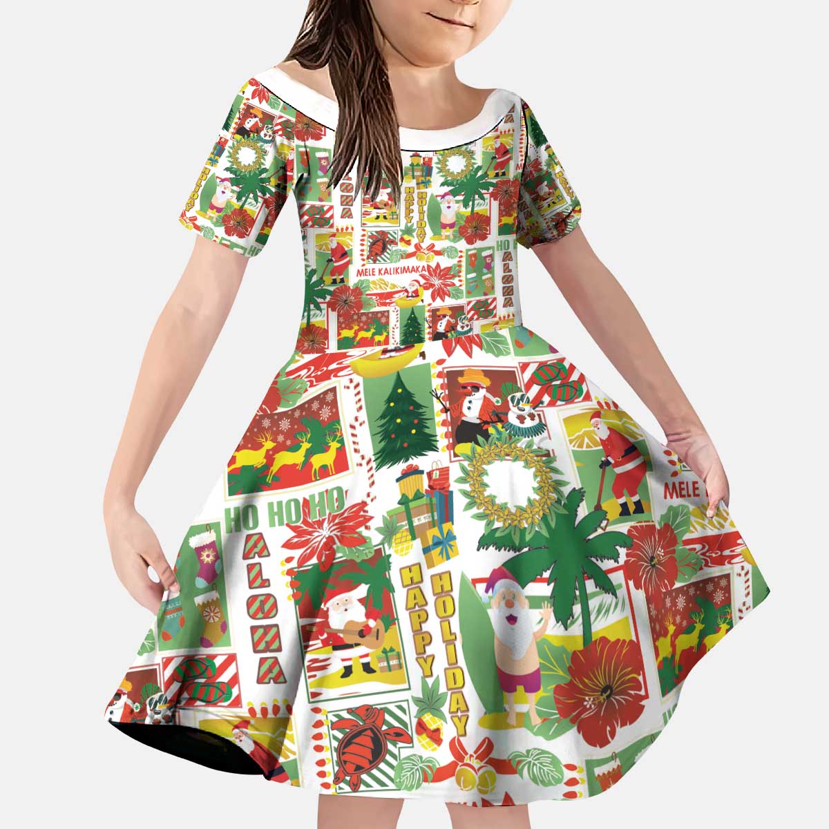 Hawaiian Santa Christmas Pattern Kid Short Sleeve Dress White Version - Polynesian Pride