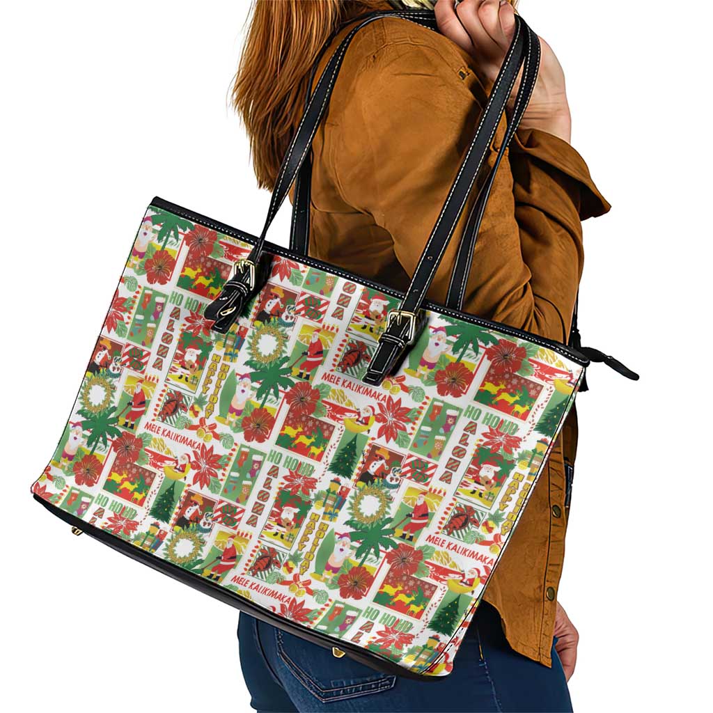 Hawaiian Santa Christmas Pattern Leather Tote Bag White Version - Polynesian Pride