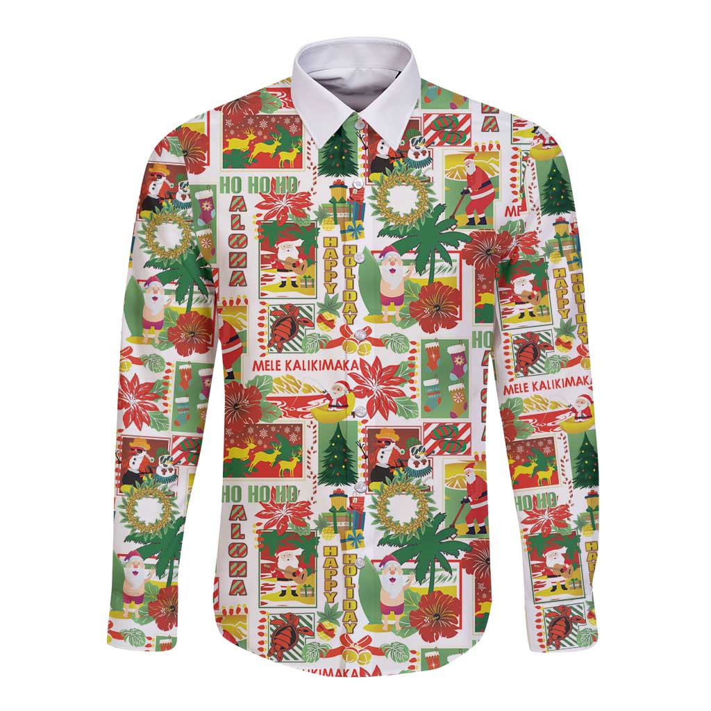 Hawaiian Santa Christmas Pattern Long Sleeve Button Shirt White Version - Polynesian Pride