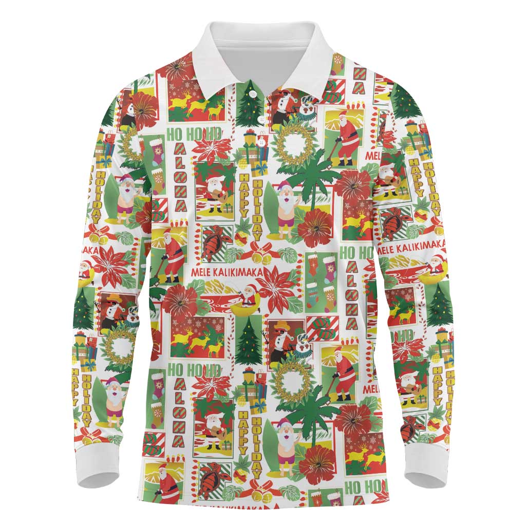 Hawaiian Santa Christmas Pattern Long Sleeve Polo Shirt White Version - Polynesian Pride