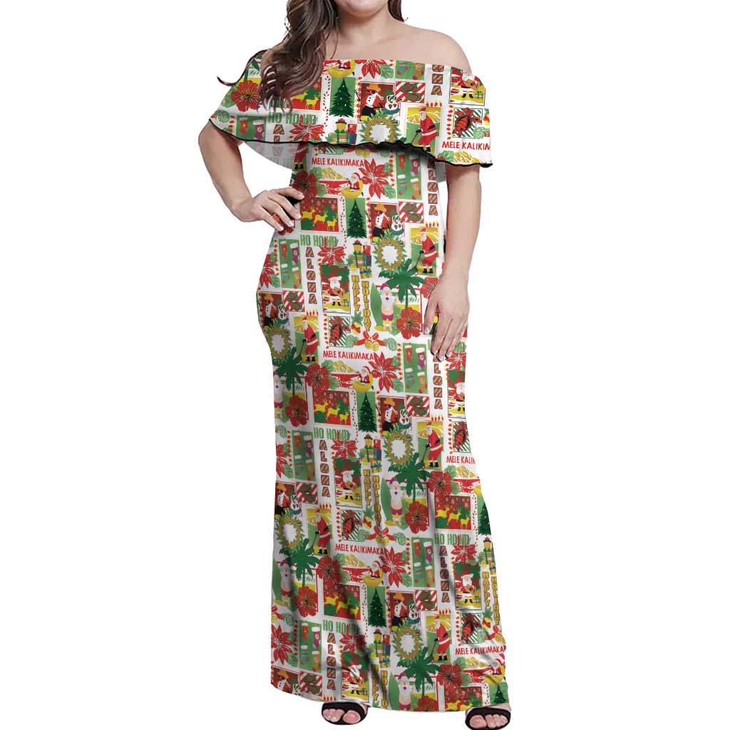 Hawaiian Santa Christmas Pattern Off Shoulder Maxi Dress White Version - Polynesian Pride