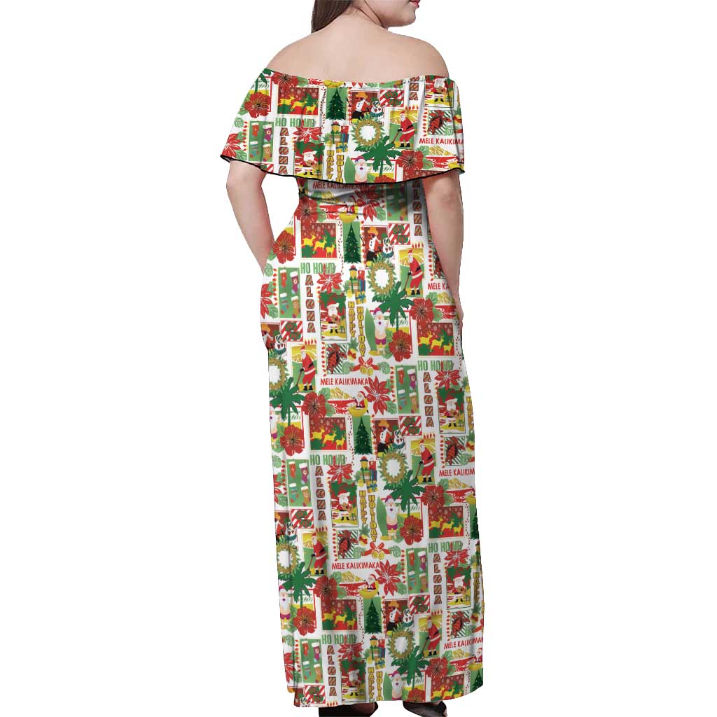 Hawaiian Santa Christmas Pattern Off Shoulder Maxi Dress White Version - Polynesian Pride