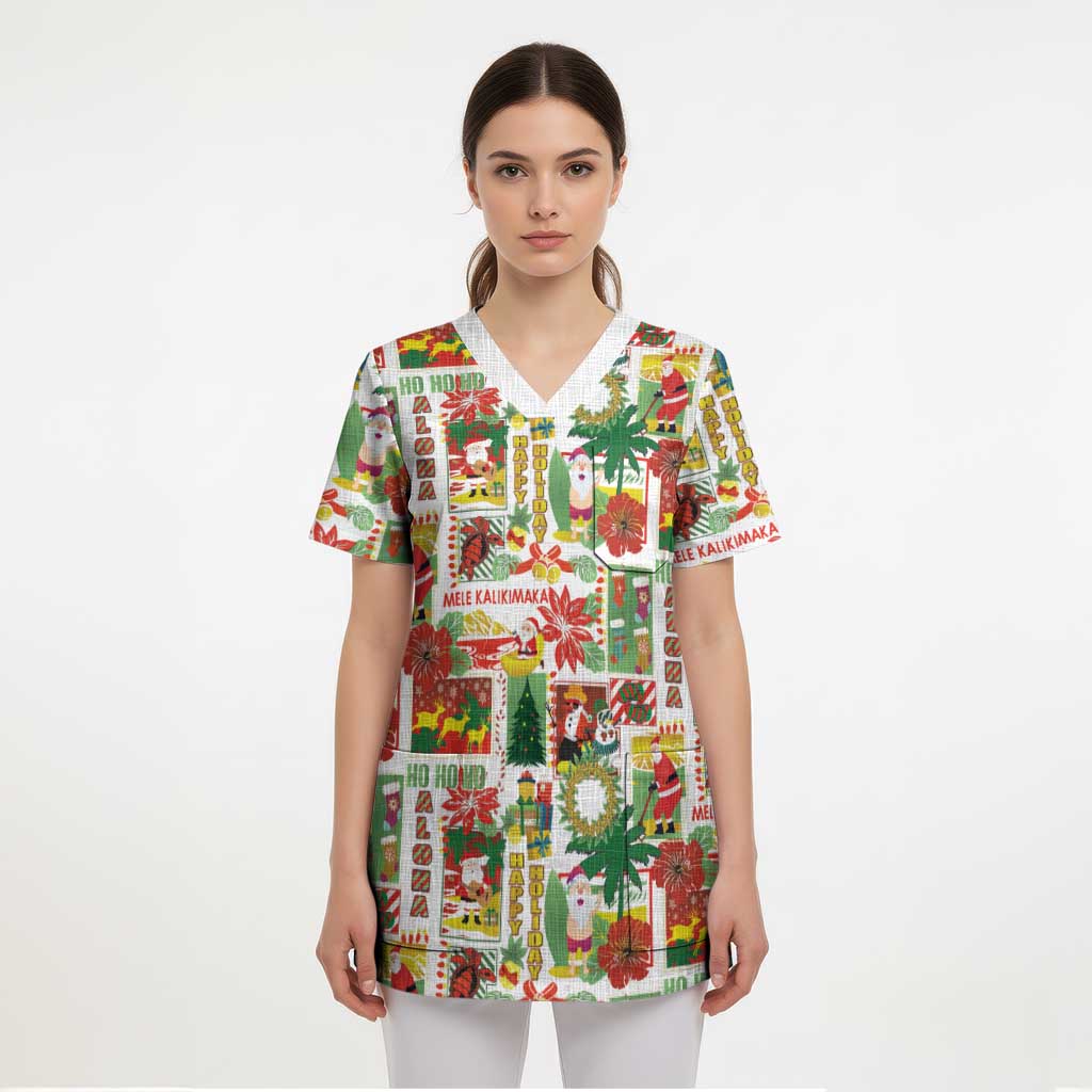 Hawaiian Santa Christmas Pattern Scrub Top White Version - Polynesian Pride