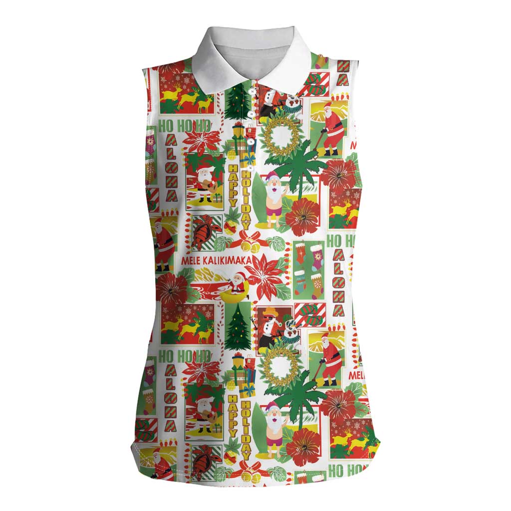 Hawaiian Santa Christmas Pattern Women Sleeveless Polo Shirt White Version - Polynesian Pride