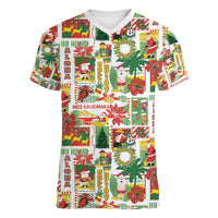 Hawaiian Santa Christmas Pattern Women V-Neck T-Shirt White Version - Polynesian Pride