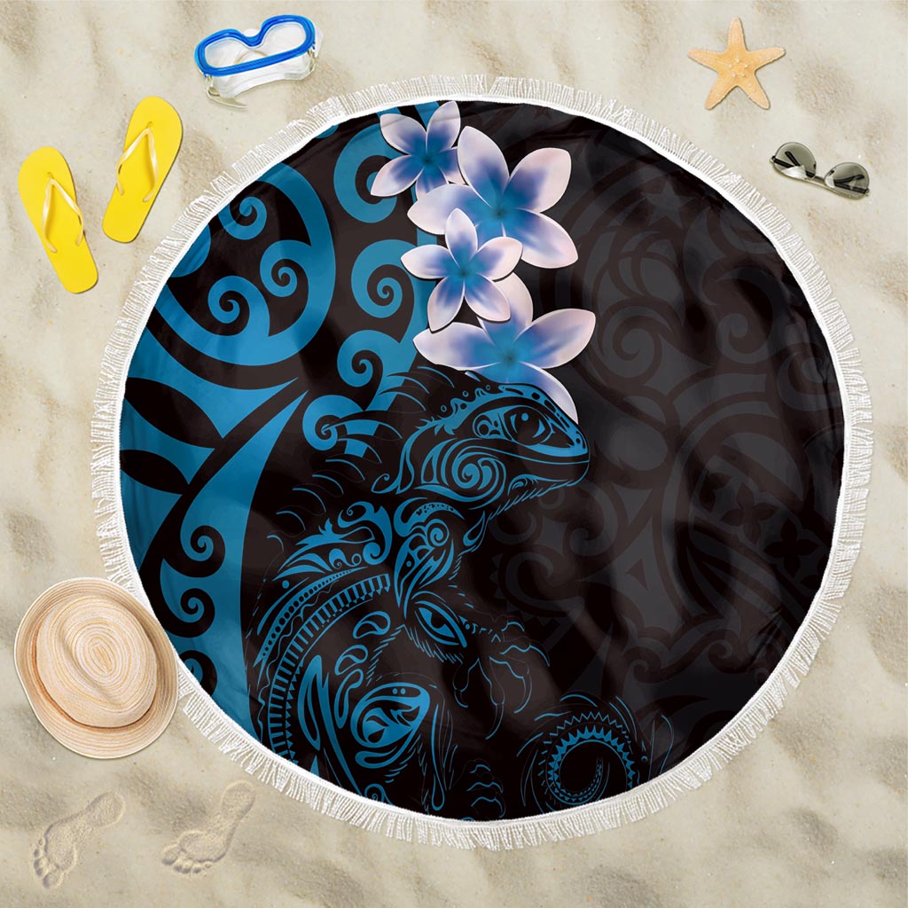 New Zealand Tuatara Plumeria Beach Blanket Maori Blue Koru Tribal Tattoo