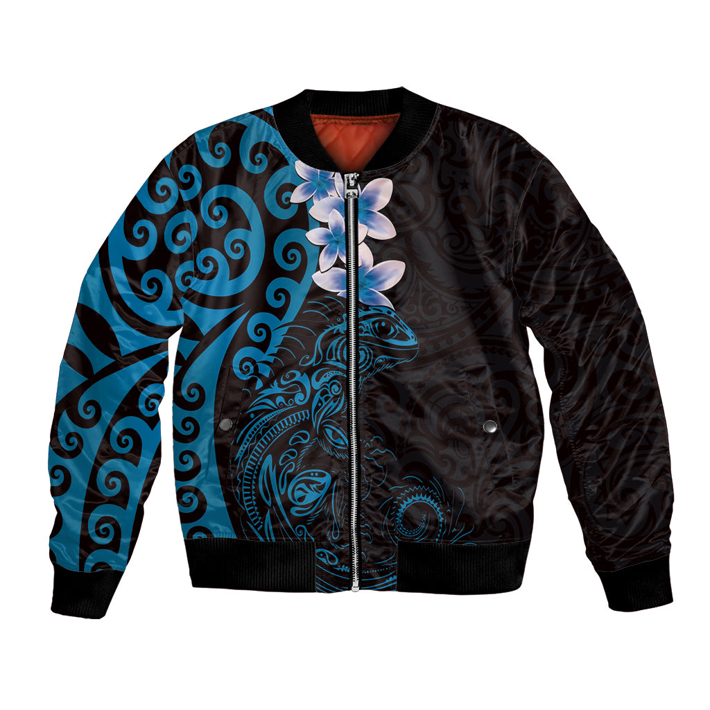 New Zealand Tuatara Plumeria Bomber Jacket Maori Blue Koru Tribal Tattoo LT01 Unisex Blue - Polynesian Pride