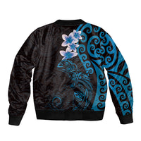 New Zealand Tuatara Plumeria Bomber Jacket Maori Blue Koru Tribal Tattoo