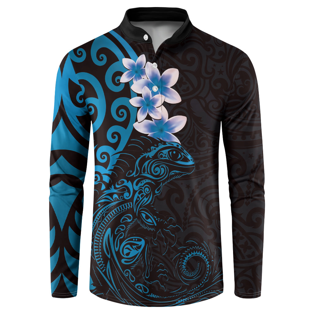 New Zealand Tuatara Plumeria Button Sweatshirt Maori Blue Koru Tribal Tattoo