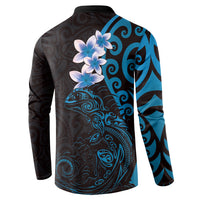 New Zealand Tuatara Plumeria Button Sweatshirt Maori Blue Koru Tribal Tattoo