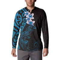 New Zealand Tuatara Plumeria Button Sweatshirt Maori Blue Koru Tribal Tattoo