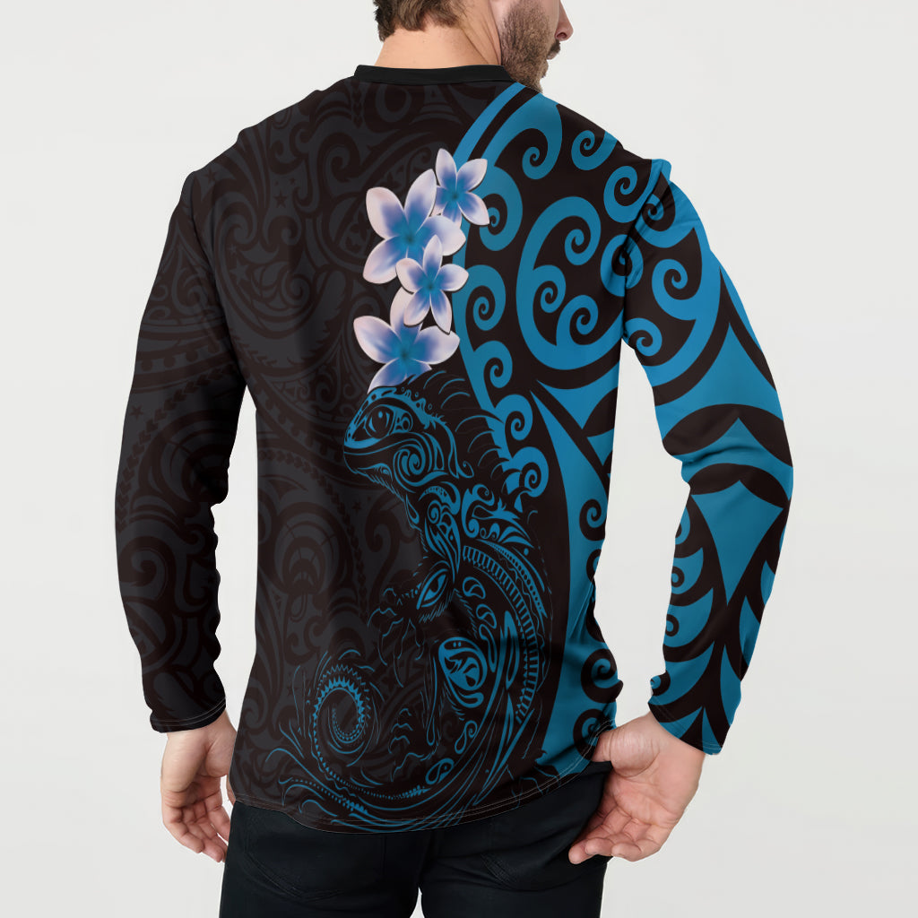 New Zealand Tuatara Plumeria Button Sweatshirt Maori Blue Koru Tribal Tattoo