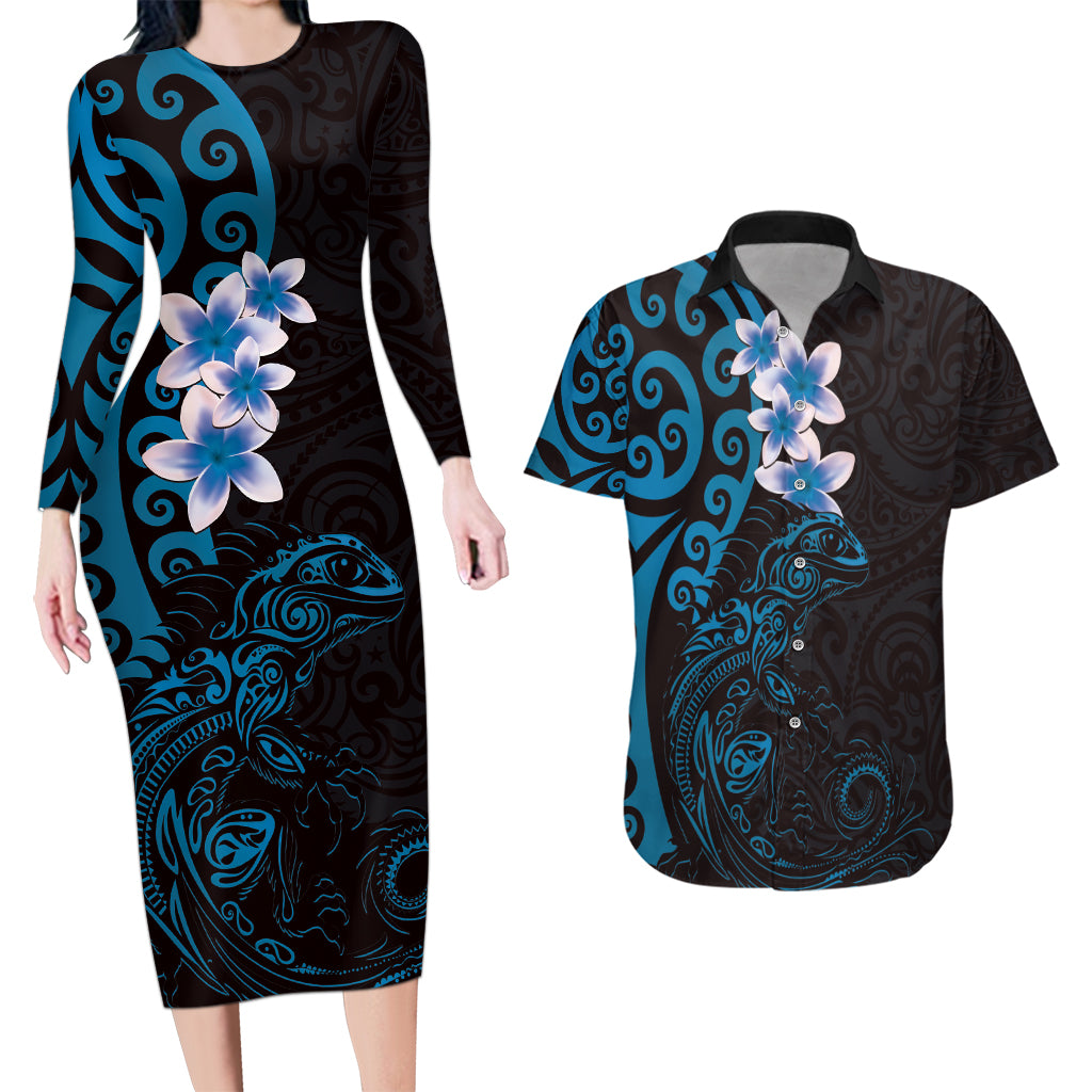 New Zealand Tuatara Plumeria Couples Matching Long Sleeve Bodycon Dress and Hawaiian Shirt Maori Blue Koru Tribal Tattoo LT01 Blue - Polynesian Pride
