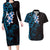 New Zealand Tuatara Plumeria Couples Matching Long Sleeve Bodycon Dress and Hawaiian Shirt Maori Blue Koru Tribal Tattoo