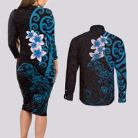 New Zealand Tuatara Plumeria Couples Matching Long Sleeve Bodycon Dress and Long Sleeve Button Shirt Maori Blue Koru Tribal Tattoo