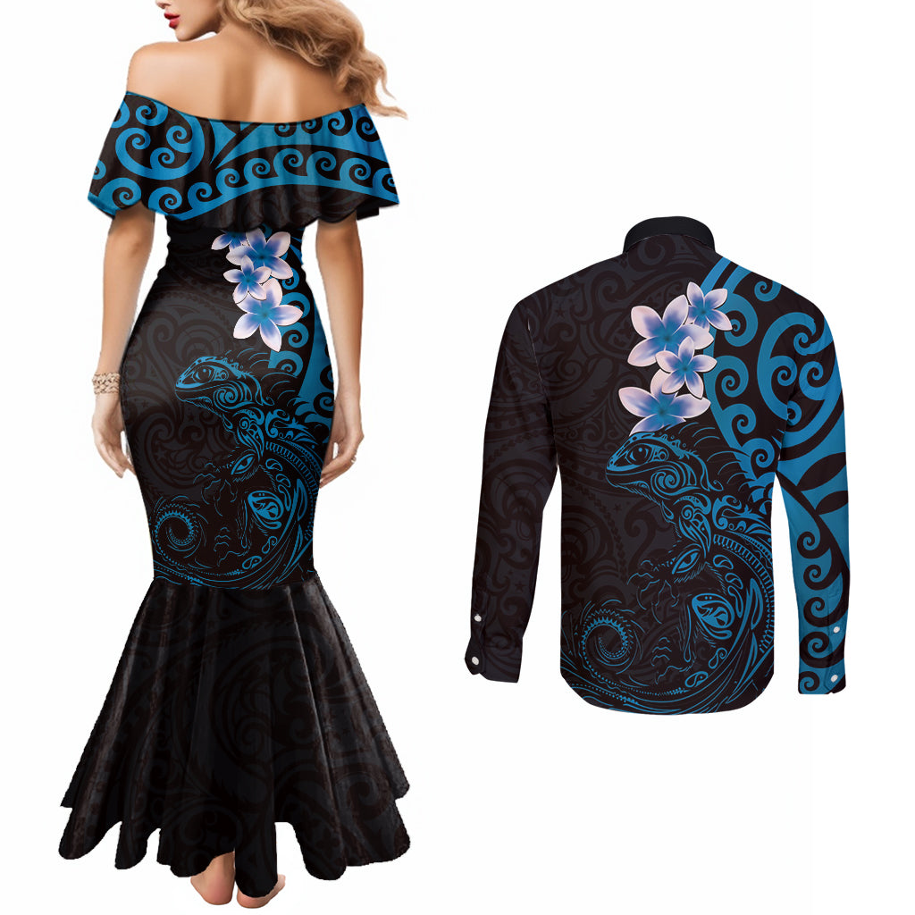 New Zealand Tuatara Plumeria Couples Matching Mermaid Dress and Long Sleeve Button Shirt Maori Blue Koru Tribal Tattoo