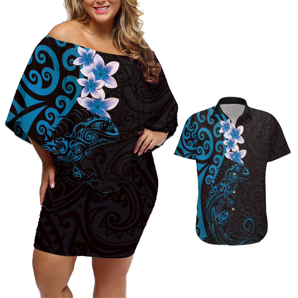 New Zealand Tuatara Plumeria Couples Matching Off Shoulder Short Dress and Hawaiian Shirt Maori Blue Koru Tribal Tattoo