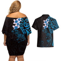 New Zealand Tuatara Plumeria Couples Matching Off Shoulder Short Dress and Hawaiian Shirt Maori Blue Koru Tribal Tattoo