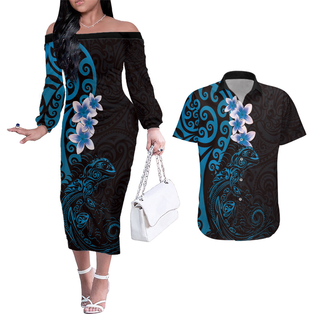 New Zealand Tuatara Plumeria Couples Matching Off The Shoulder Long Sleeve Dress and Hawaiian Shirt Maori Blue Koru Tribal Tattoo LT01 Blue - Polynesian Pride
