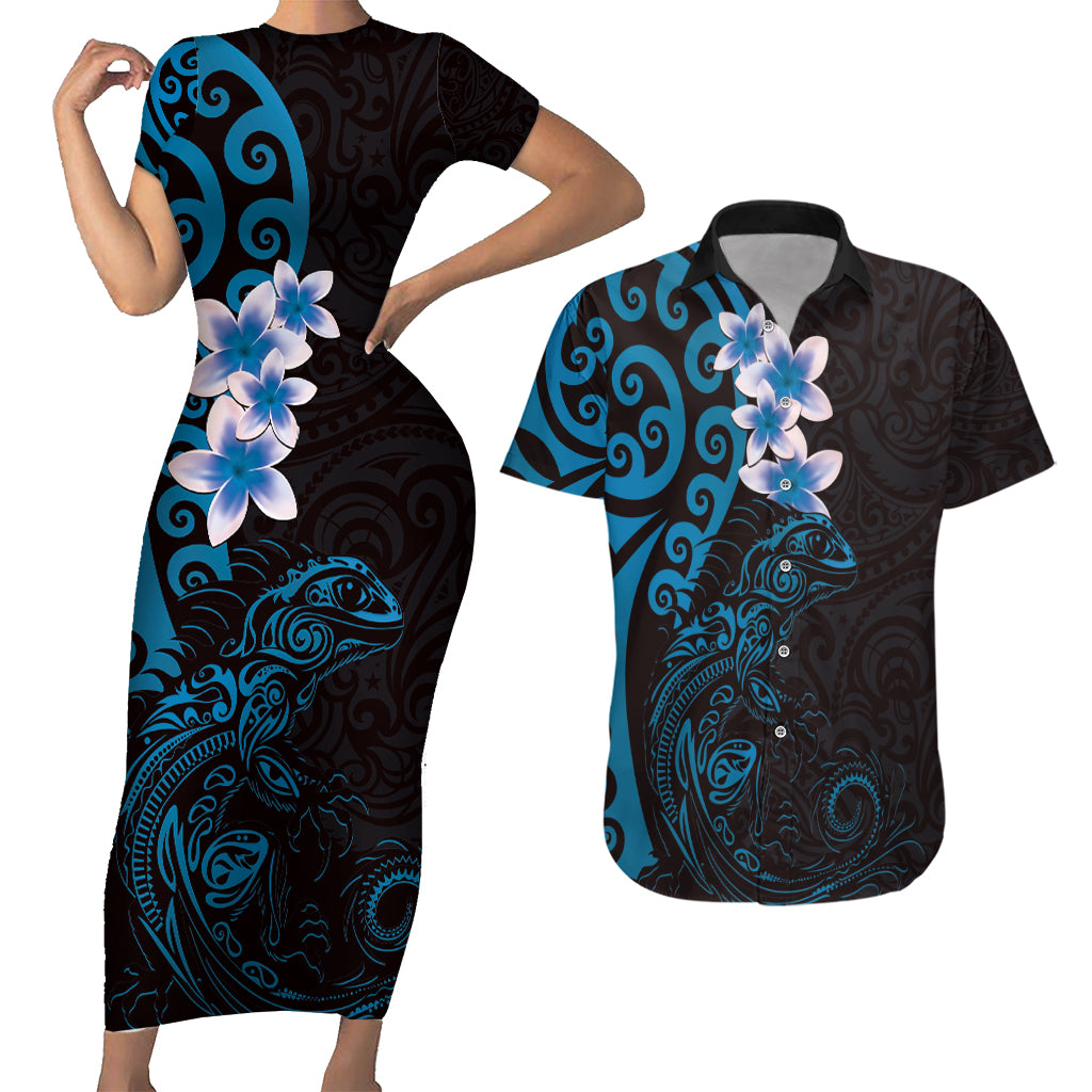 New Zealand Tuatara Plumeria Couples Matching Short Sleeve Bodycon Dress and Hawaiian Shirt Maori Blue Koru Tribal Tattoo LT01 Blue - Polynesian Pride