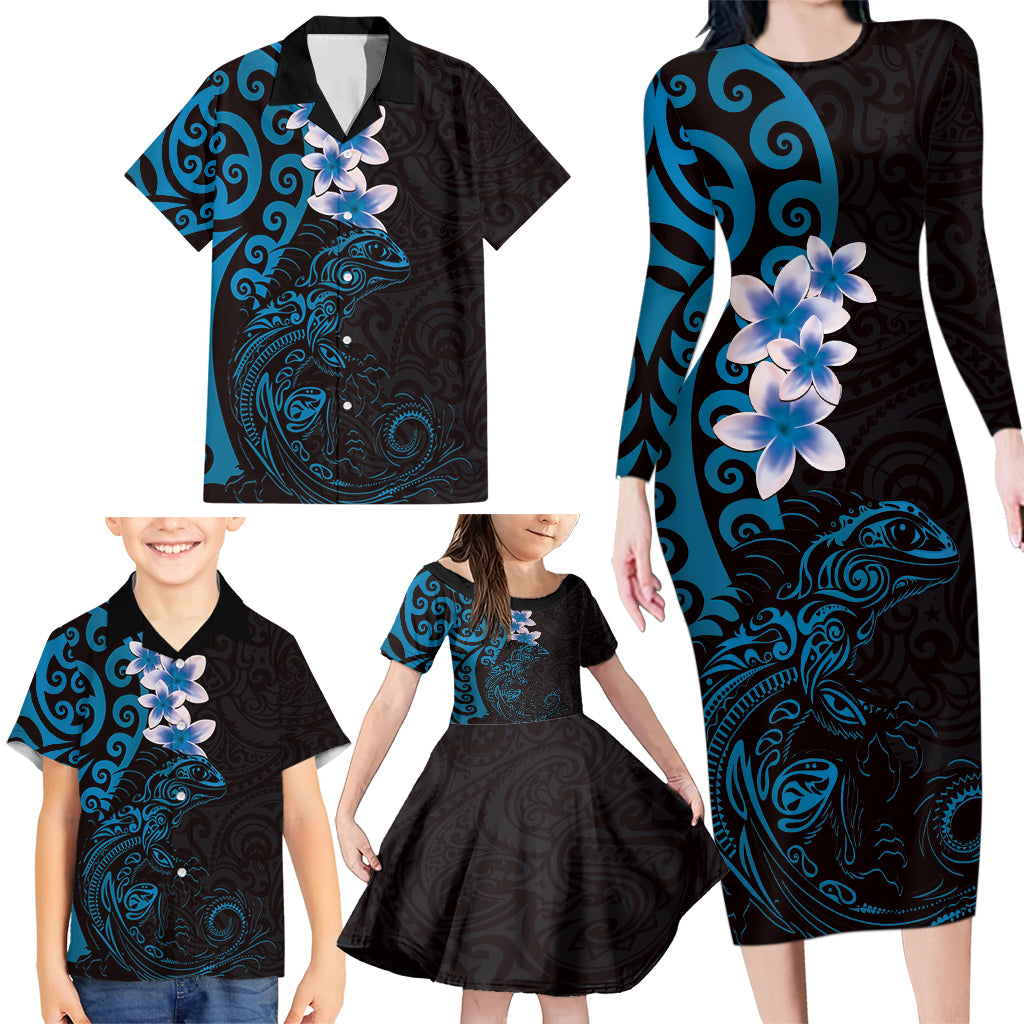 New Zealand Tuatara Plumeria Family Matching Long Sleeve Bodycon Dress and Hawaiian Shirt Maori Blue Koru Tribal Tattoo