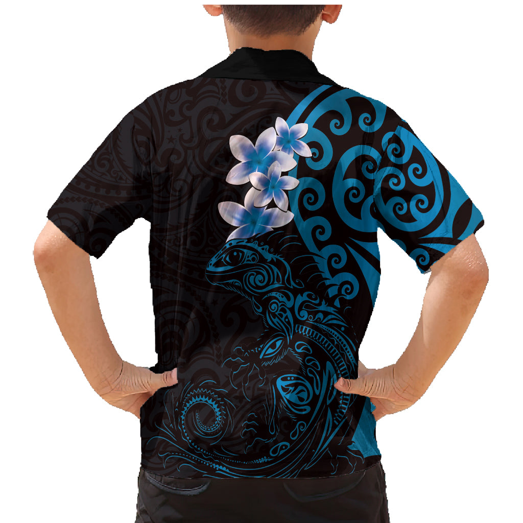 New Zealand Tuatara Plumeria Family Matching Mermaid Dress and Hawaiian Shirt Maori Blue Koru Tribal Tattoo