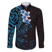 New Zealand Tuatara Plumeria Family Matching Puletasi and Hawaiian Shirt Maori Blue Koru Tribal Tattoo