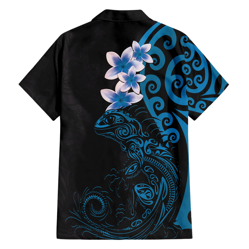 New Zealand Tuatara Plumeria Family Matching Short Sleeve Bodycon Dress and Hawaiian Shirt Maori Blue Koru Tribal Tattoo