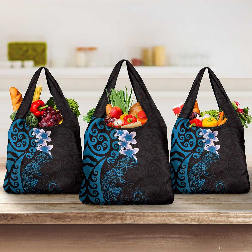 New Zealand Tuatara Plumeria Grocery Bag Maori Blue Koru Tribal Tattoo
