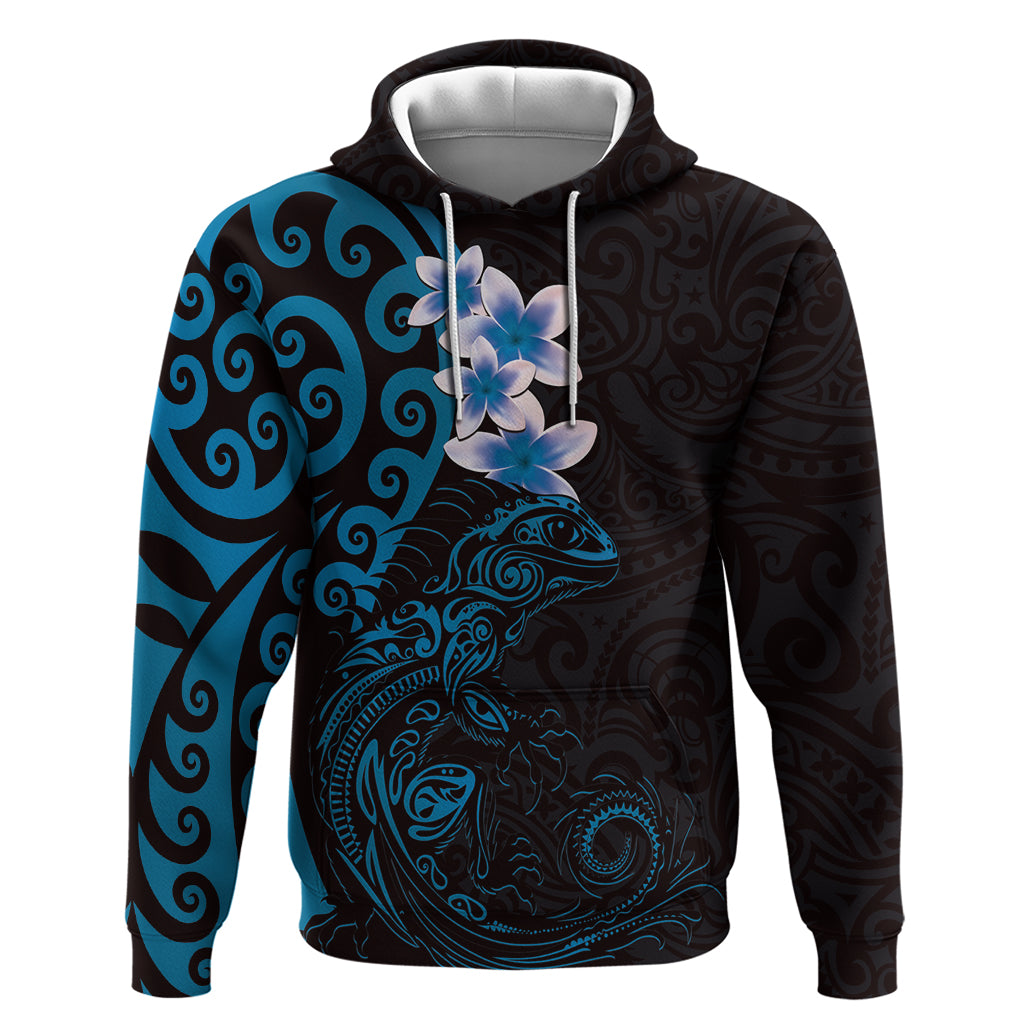 New Zealand Tuatara Plumeria Hoodie Maori Blue Koru Tribal Tattoo