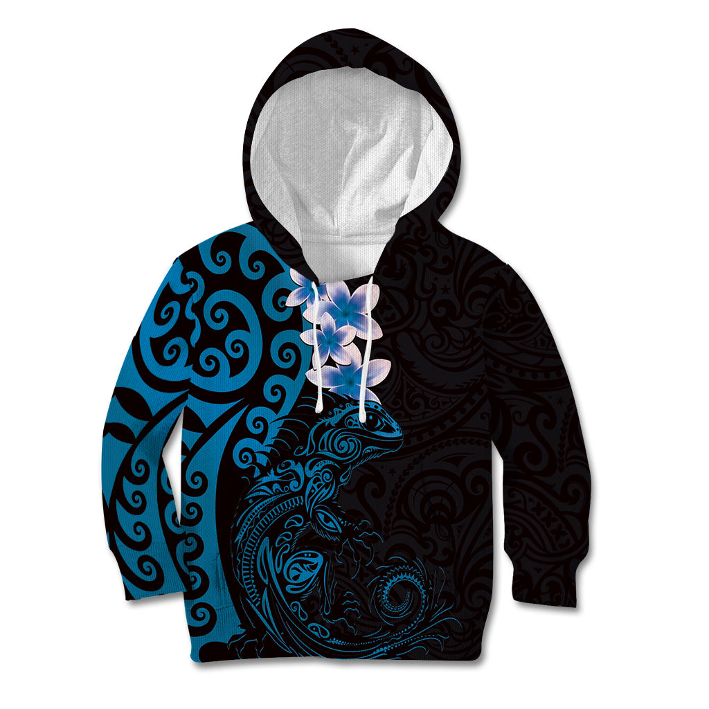 New Zealand Tuatara Plumeria Kid Hoodie Maori Blue Koru Tribal Tattoo