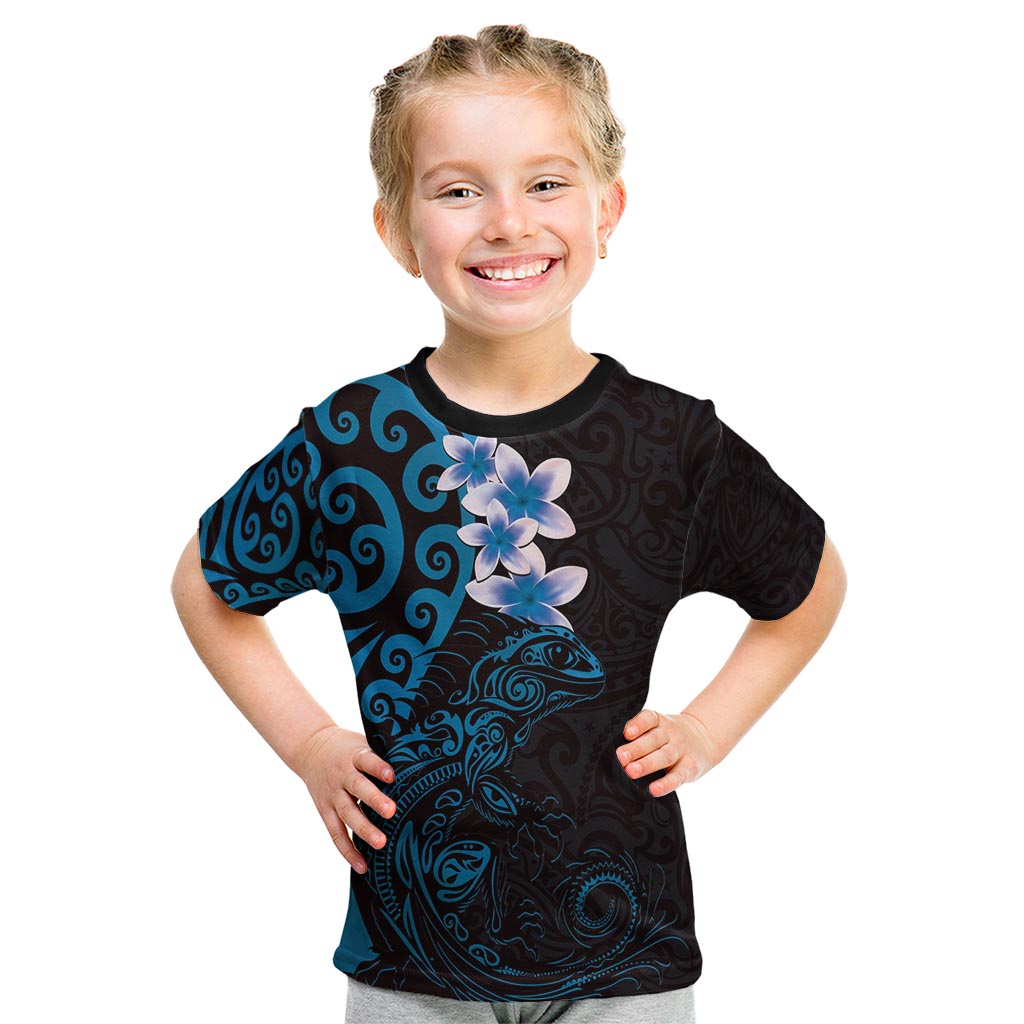 New Zealand Tuatara Plumeria Kid T Shirt Maori Blue Koru Tribal Tattoo