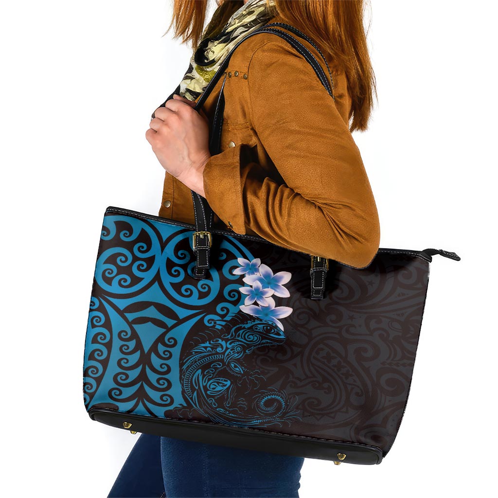 New Zealand Tuatara Plumeria Leather Tote Bag Maori Blue Koru Tribal Tattoo