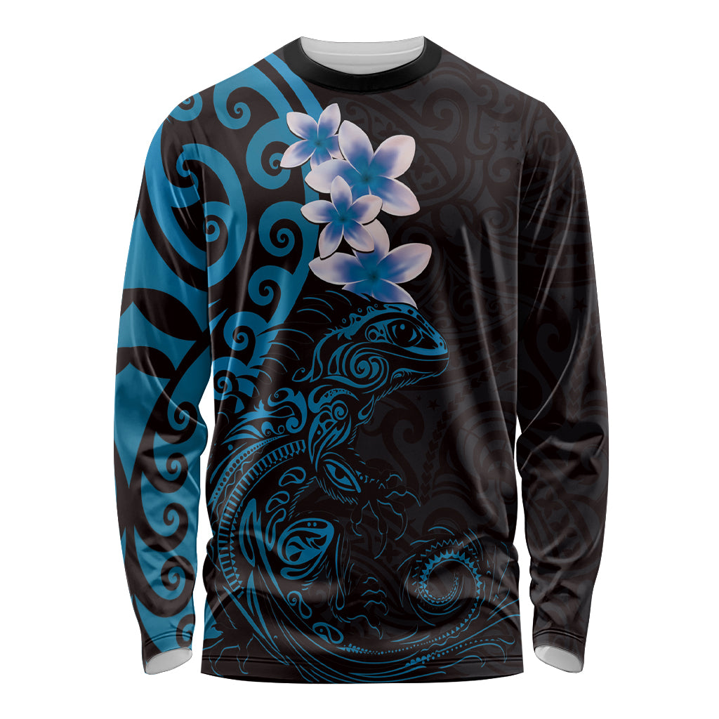 New Zealand Tuatara Plumeria Long Sleeve Shirt Maori Blue Koru Tribal Tattoo