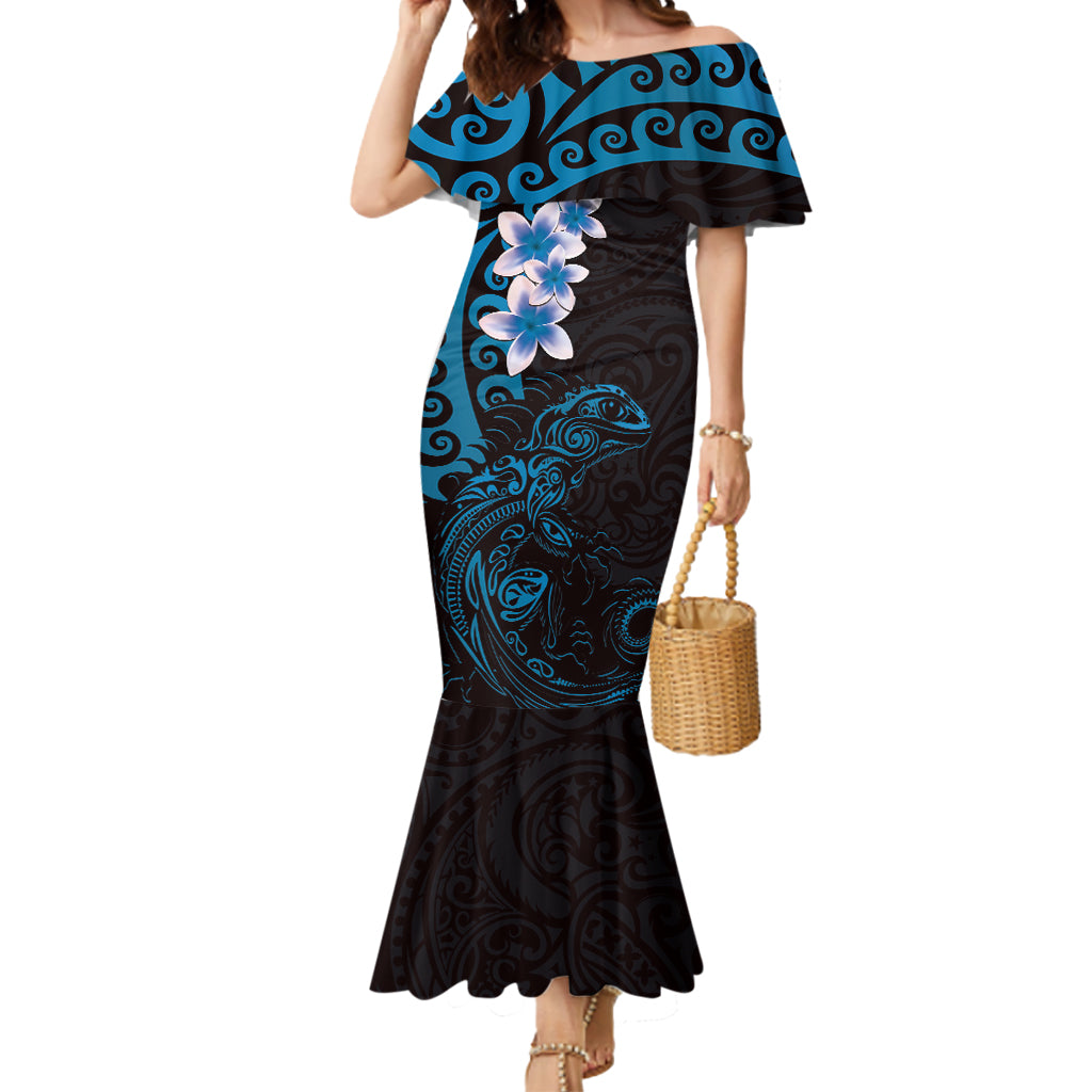 New Zealand Tuatara Plumeria Mermaid Dress Maori Blue Koru Tribal Tattoo