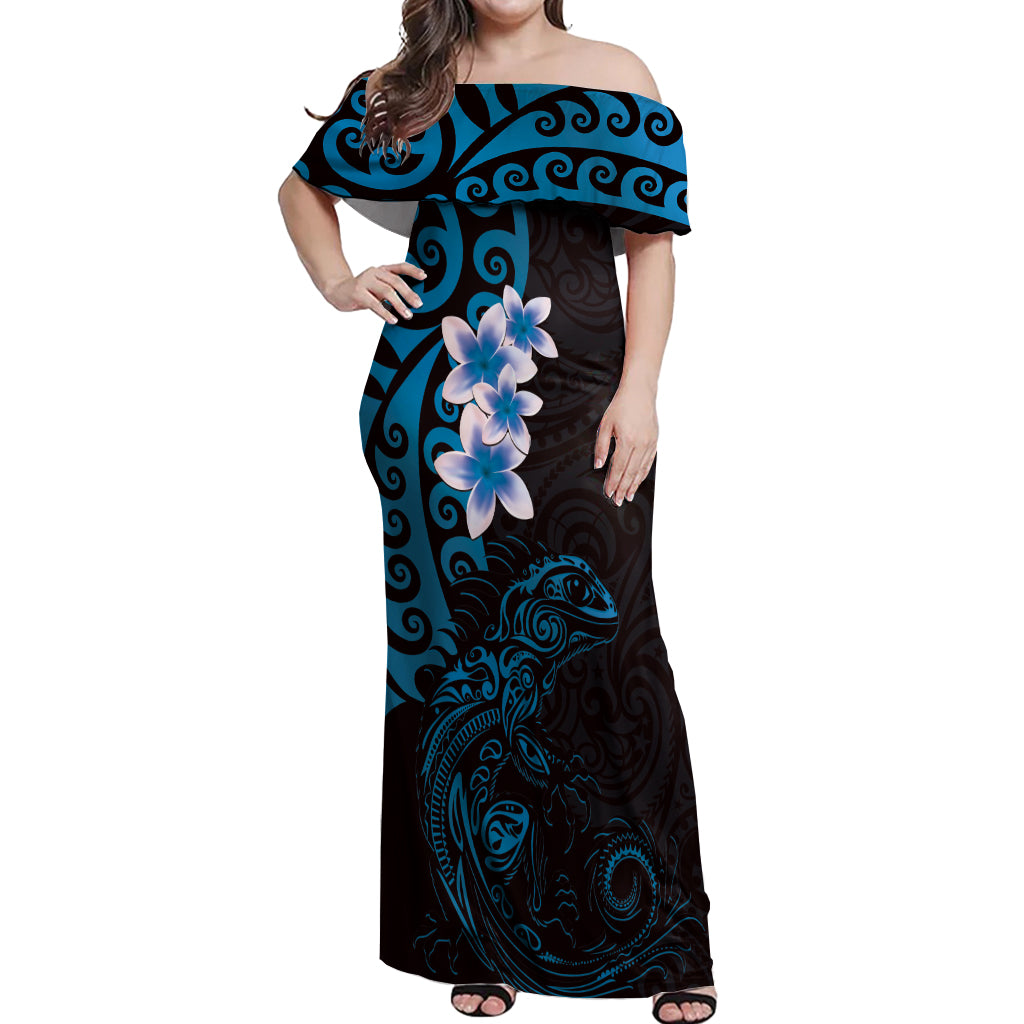 New Zealand Tuatara Plumeria Off Shoulder Maxi Dress Maori Blue Koru Tribal Tattoo