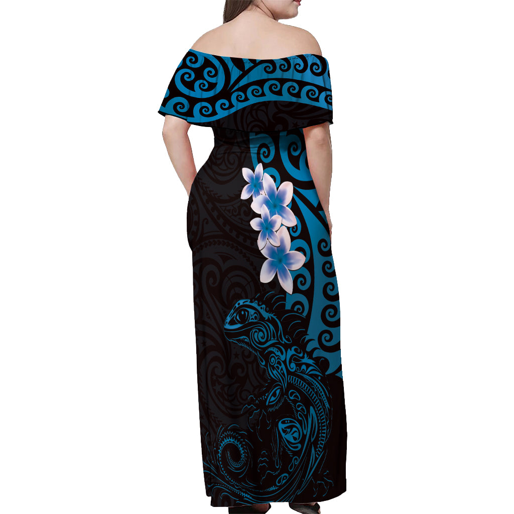 New Zealand Tuatara Plumeria Off Shoulder Maxi Dress Maori Blue Koru Tribal Tattoo