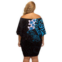New Zealand Tuatara Plumeria Off Shoulder Short Dress Maori Blue Koru Tribal Tattoo