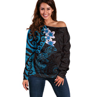 New Zealand Tuatara Plumeria Off Shoulder Sweater Maori Blue Koru Tribal Tattoo