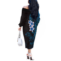 New Zealand Tuatara Plumeria Off The Shoulder Long Sleeve Dress Maori Blue Koru Tribal Tattoo