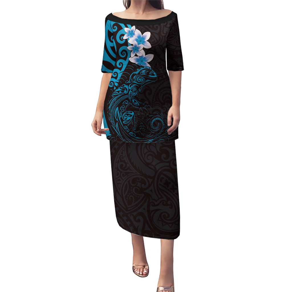 New Zealand Tuatara Plumeria Puletasi Maori Blue Koru Tribal Tattoo LT01 Long Dress Blue - Polynesian Pride