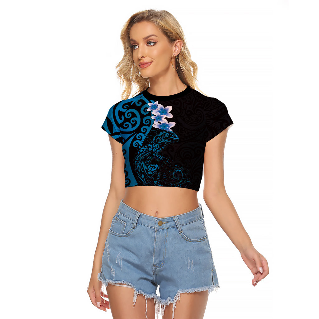 New Zealand Tuatara Plumeria Raglan Cropped T Shirt Maori Blue Koru Tribal Tattoo