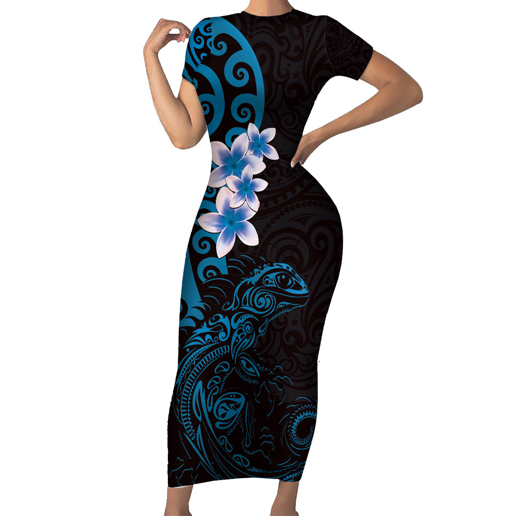 New Zealand Tuatara Plumeria Short Sleeve Bodycon Dress Maori Blue Koru Tribal Tattoo