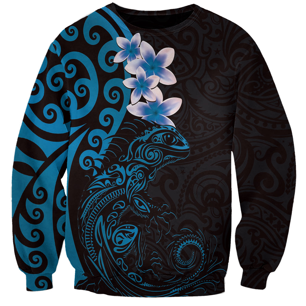 New Zealand Tuatara Plumeria Sweatshirt Maori Blue Koru Tribal Tattoo LT01 Unisex Blue - Polynesian Pride