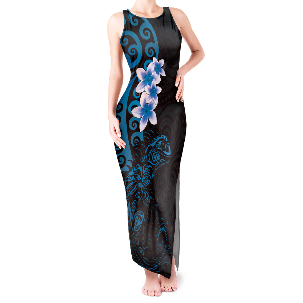 New Zealand Tuatara Plumeria Tank Maxi Dress Maori Blue Koru Tribal Tattoo