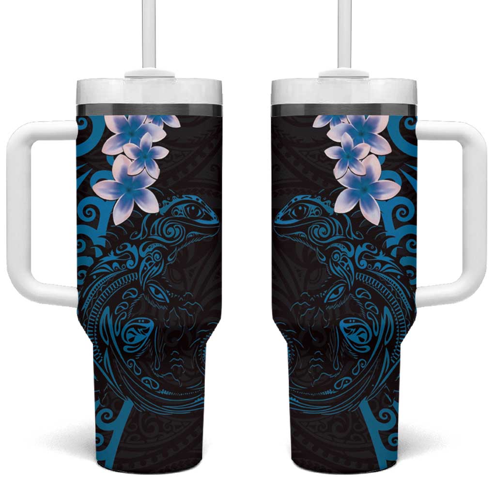 New Zealand Tuatara Plumeria Tumbler With Handle Maori Blue Koru Tribal Tattoo