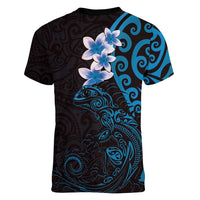 New Zealand Tuatara Plumeria Women V-Neck T-Shirt Maori Blue Koru Tribal Tattoo